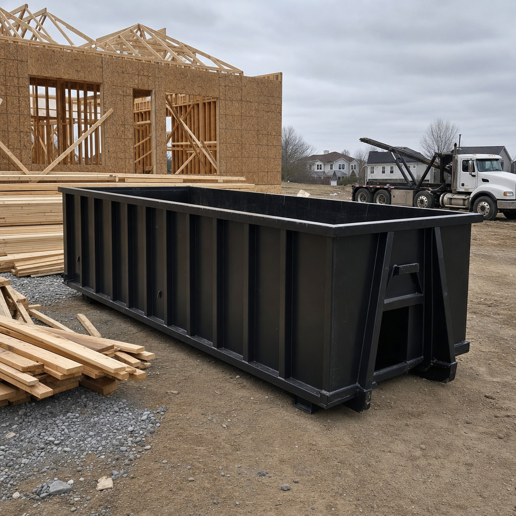Matte-black 40-yard roll-off dumpster staged on a framed-out residential construction site in Portland, framing lumber stacked nearby, hooklift delivery truck visible in the background under bright Colorado daylight