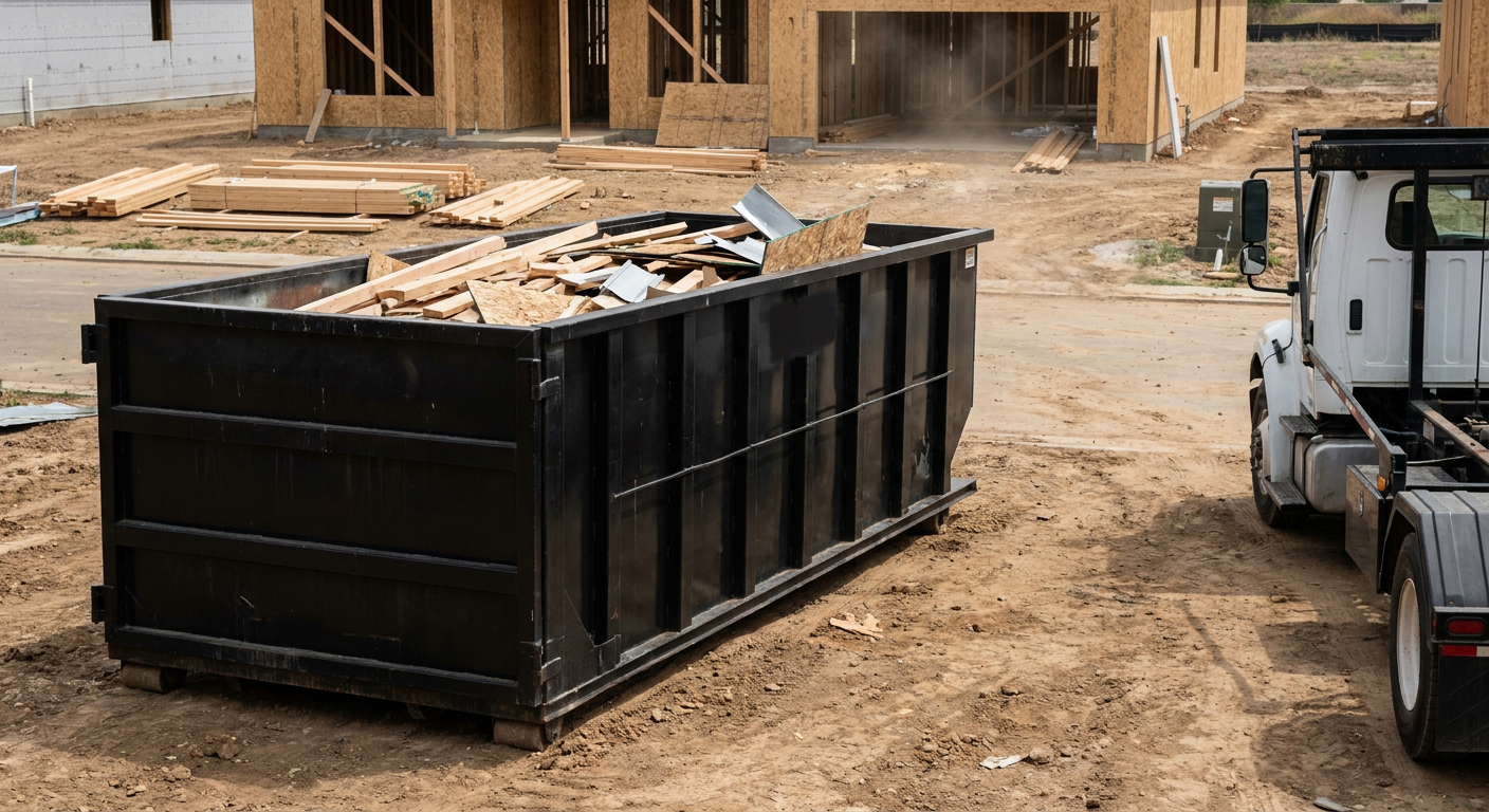 Matte-black 20-yard roll-off construction dumpster with heavy ribbed steel sidewalls and swing rear doors at a working jobsite in Portland, sitting directly on compacted dirt with an unmarked white hauler partially visible at the far edge of the frame.