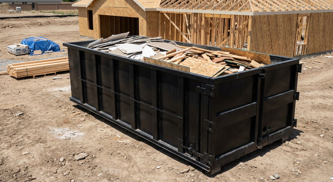 Matte-black 30-yard roll-off construction dumpster sitting directly on the compacted-dirt site of a framed single-family home build in Portland, drywall and lumber scrap loaded inside.