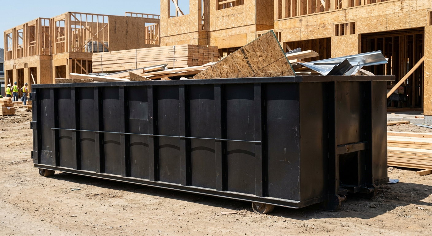 Matte-black 40-yard roll-off construction dumpster being lowered from a white-cab hooklift delivery truck onto the compacted-dirt jobsite at a commercial build site in Portland