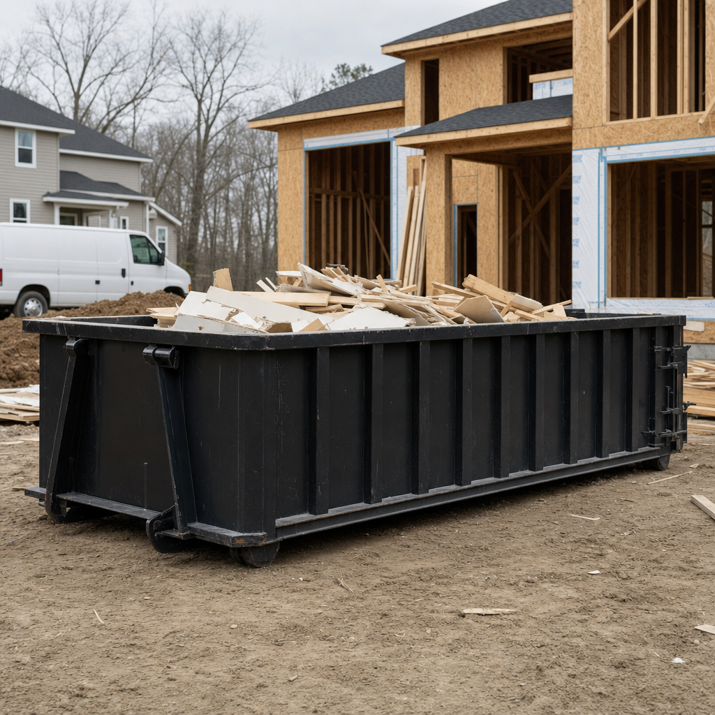 Worker in a yellow high-visibility vest tossing framing lumber and broken drywall into a matte-black 30-yard construction roll-off dumpster on an active build site in Portland, bright daylight