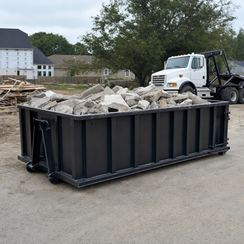 Low-profile matte-black lowboy roll-off dumpster loaded with broken concrete slab and rebar at a foundation tear-out in Portland, skid steer parked beside it, sunny Colorado morning