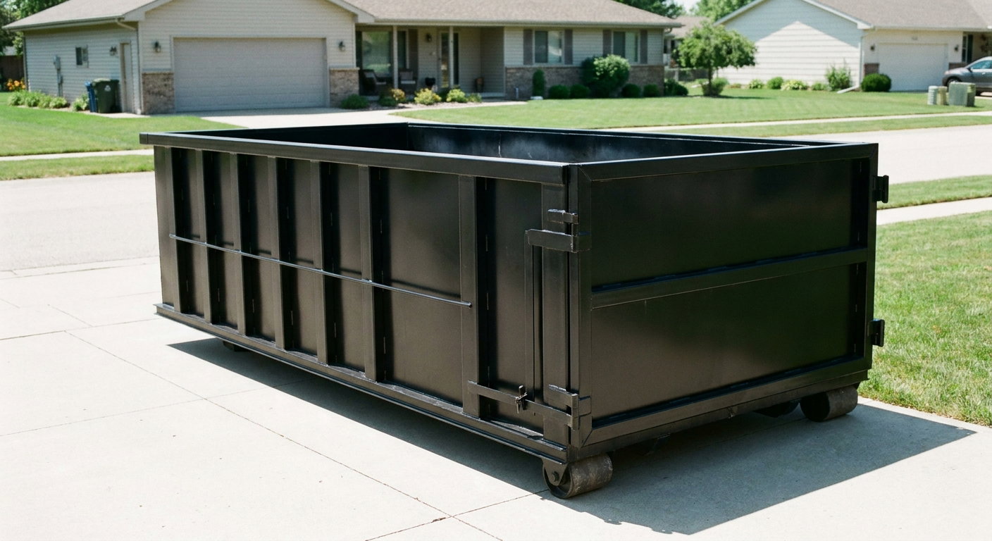Matte-black 10-yard roll-off dumpster on a residential concrete driveway in Portland, uniformly painted matte black across every panel and rail, ribbed steel sidewalls and rear swing door visible, mid-day daylight.
