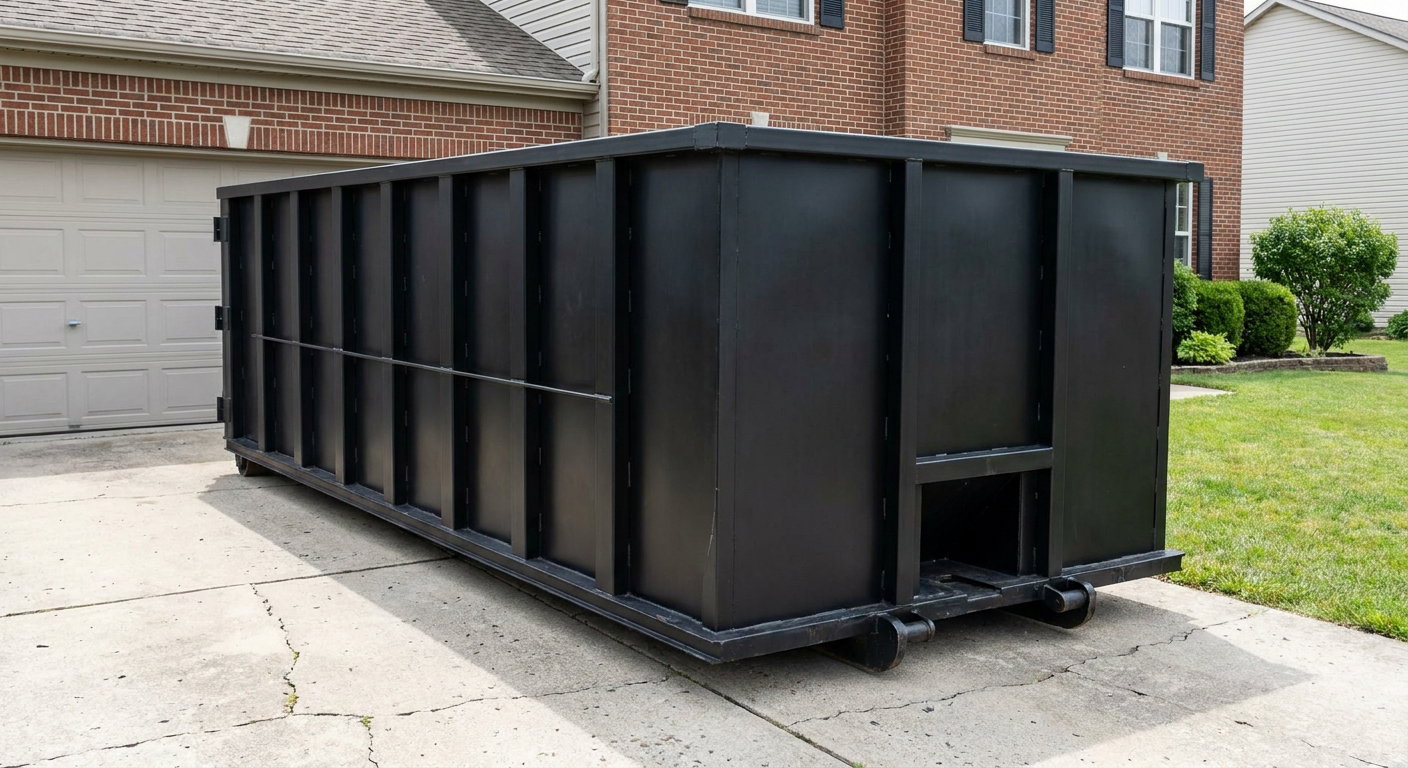 Matte-black 20-yard roll-off container on a Portland residential concrete driveway with reinforced ribbed steel sidewalls and a hinged rear walk-in door, clean bright daylight.
