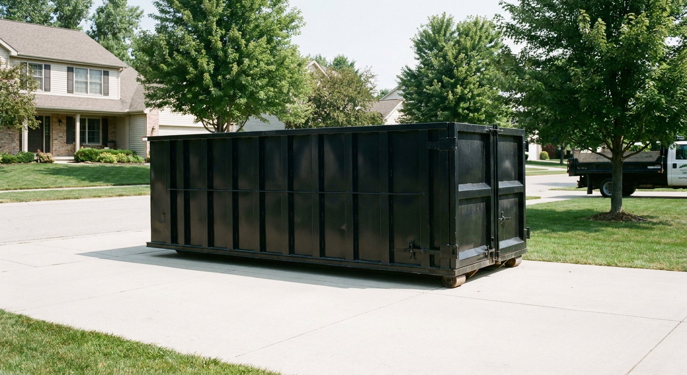 Matte-black 20-yard roll-off dumpster sitting level on a clean Portland residential concrete driveway under bright daylight, demonstrating clean placement directly on the concrete.