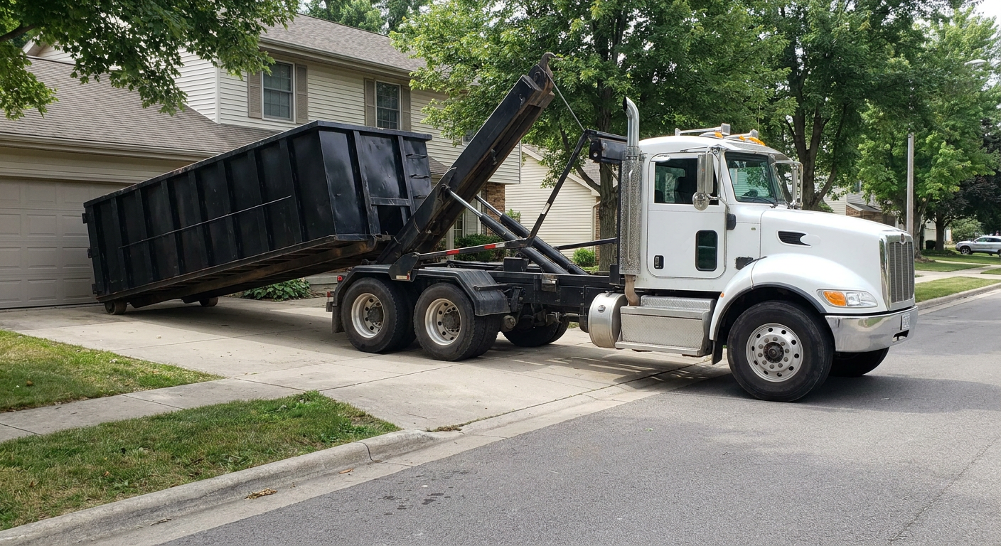 White-cab hooklift roll-off truck actively lowering a matte-black dumpster onto a Portland residential concrete driveway, the dumpster's rear wheels touching the driveway as the hoist arm tilts the bed forward, mid-morning daylight.