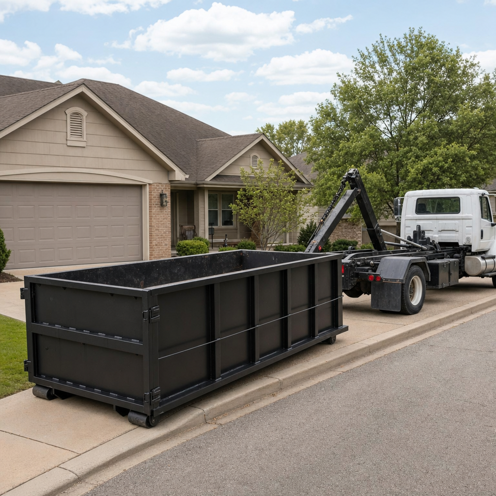 Wide documentary shot of a matte-black roll-off dumpster on a Portland residential driveway in the foreground and a contractor jobsite container in the soft-focus background, bright daylight, calm and orderly composition.