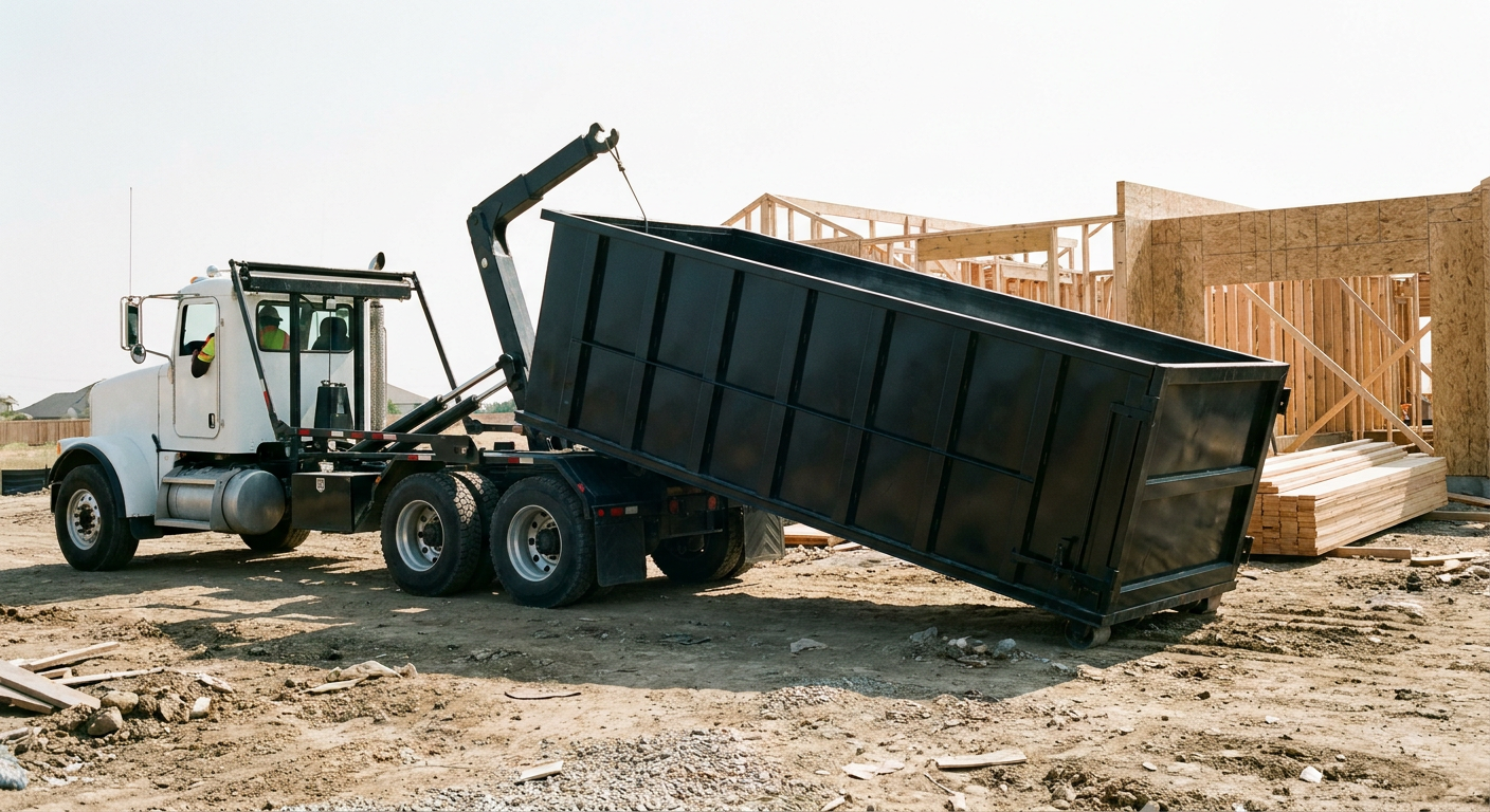 Matte-black roll-off dumpster being delivered onto a clean residential concrete driveway in Portland by an unmarked white hooklift hauler truck, bright morning daylight, documentary 35mm perspective.