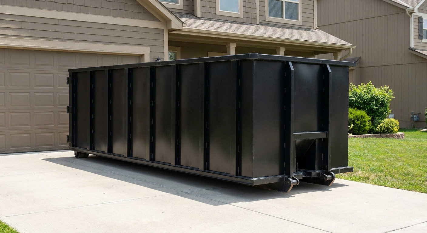 Matte-black residential roll-off dumpster sitting directly on a suburban Portland concrete driveway, garage door closed, single-family home in background, bright morning daylight.