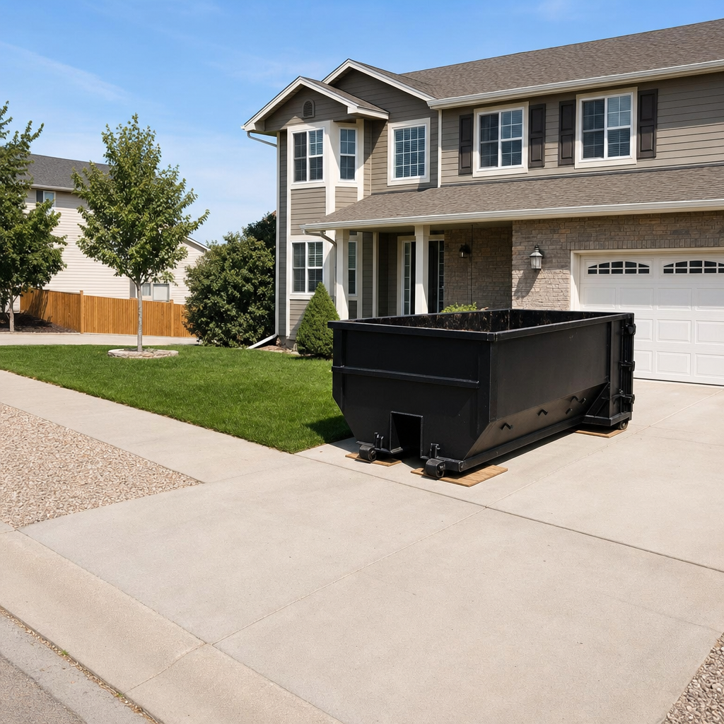 10-yard matte-black residential dumpster placed directly on a narrow Portland concrete driveway, room remains for a parked sedan beside it, mid-morning natural light