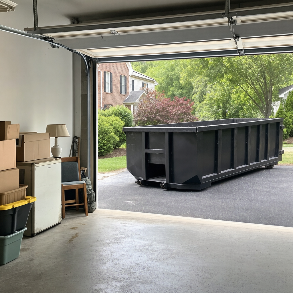 Open garage interior in a Portland home mid-cleanout — boxed items, an old appliance, and stacked yard tools queued near the driveway for a matte-black roll-off dumpster, organized and calm