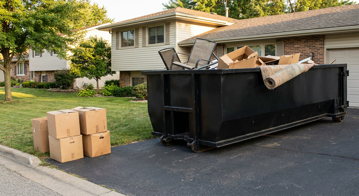 Front-yard view of a Portland split-level home with a 20-yard matte-black roll-off dumpster sitting directly on the asphalt driveway, a few clearly labeled donation boxes staged at the curb, calm sunny afternoon.