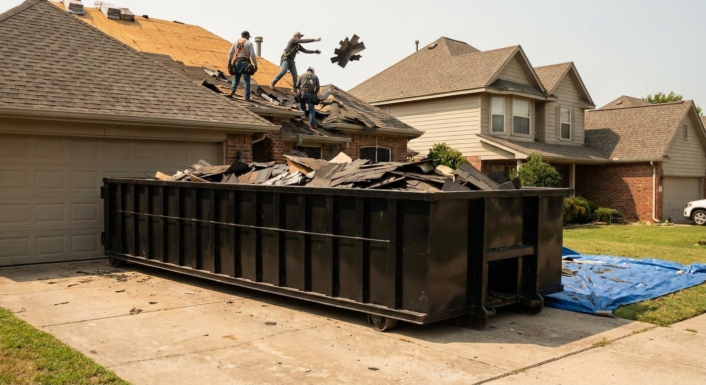 Matte-black roofing roll-off dumpster placed directly on a Portland residential concrete driveway, a tear-off crew on a two-story asphalt-shingle roof tossing shingle bundles into the low-walled container, bright daylight, documentary 35mm perspective.
