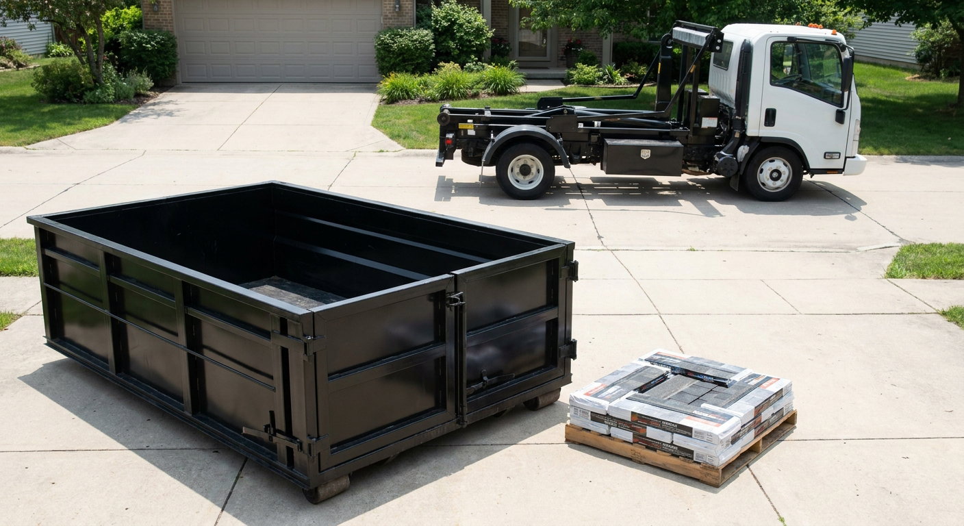 Matte-black 15-yard roofing roll-off dumpster with reinforced low side walls sitting directly on a Portland residential concrete driveway, three-tab asphalt shingle bundles stacked nearby, an unmarked white hauler truck partially visible at the edge of the frame.