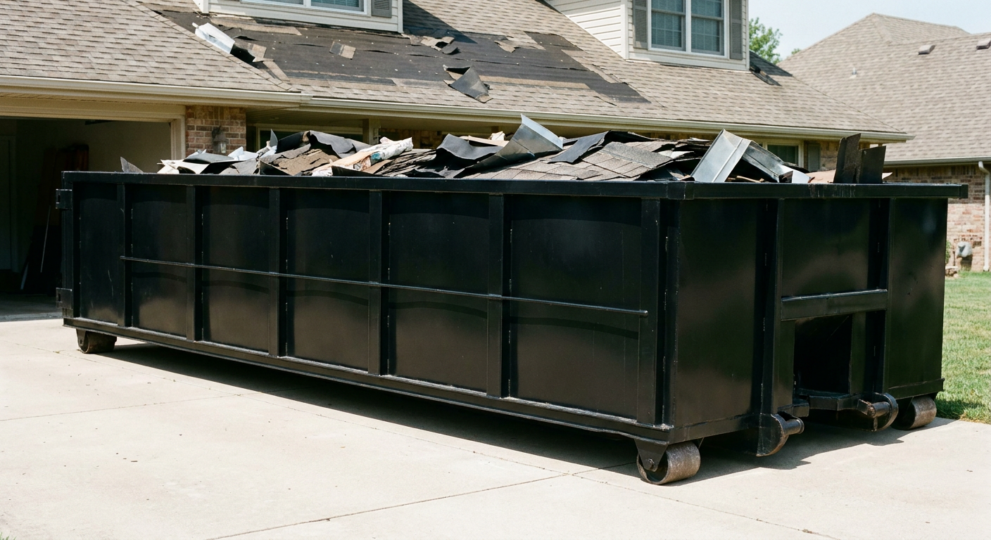Matte-black 20-yard roofing roll-off dumpster with steel ribbed sides and swinging rear door, sitting directly on the concrete driveway of a two-story Portland home, asphalt shingle debris being loaded over the low wall, clean documentary lighting.