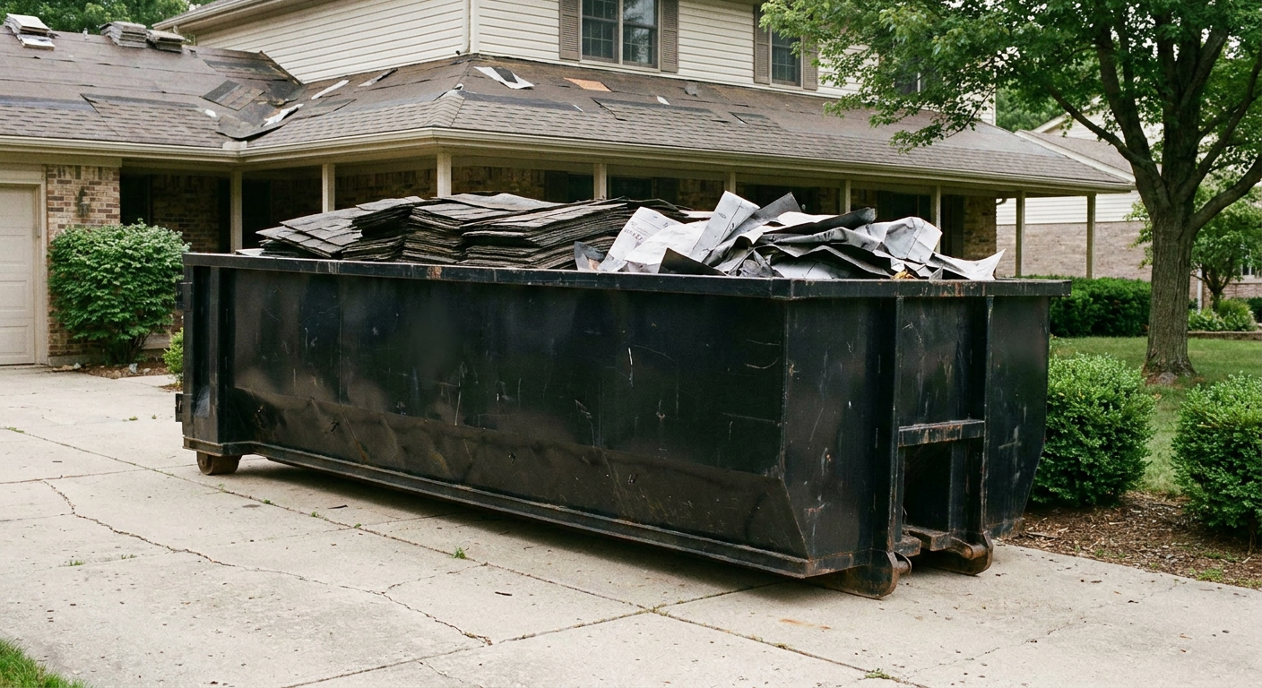 Matte-black 30-yard roofing roll-off dumpster sitting directly on a Portland concrete driveway, taller ribbed steel side panels, mixed tear-off debris of asphalt shingles and underlayment inside, professional documentary daylight.