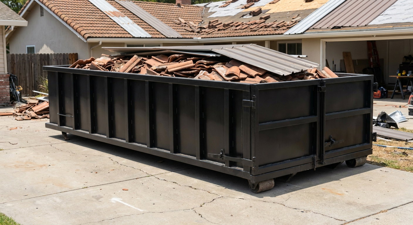 Matte-black low-wall heavy-debris roofing roll-off dumpster sitting directly on a Portland concrete driveway, broken concrete clay roof tiles and metal panel sections loaded inside, reinforced ribbed steel side walls visible, bright outdoor daylight.
