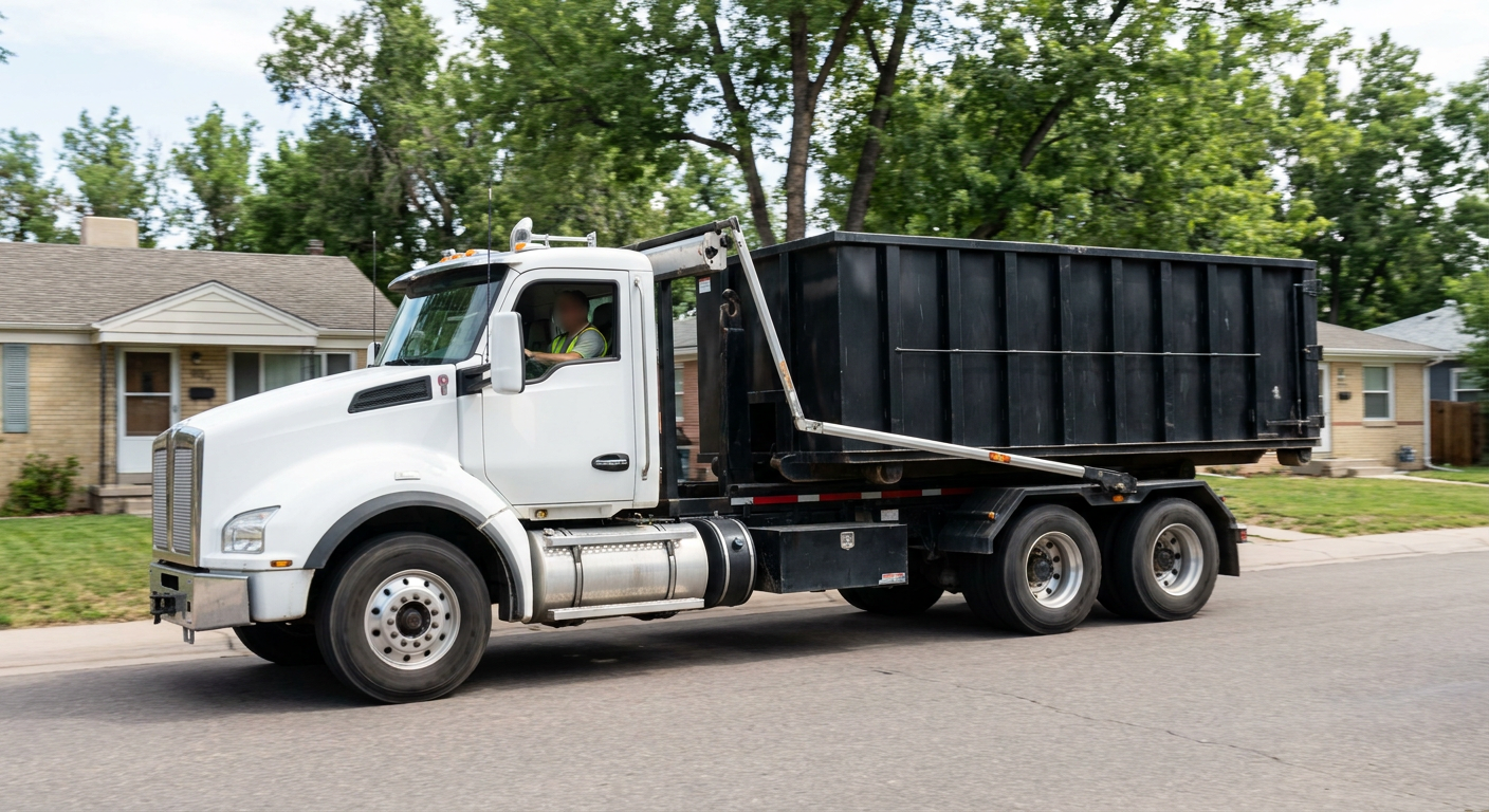 A wide documentary shot of a matte-black roll-off delivery truck pulling onto a quiet Portland residential street at mid-morning, with neighborhood rooftops and tree-lined blocks visible behind, showing the metro coverage footprint.