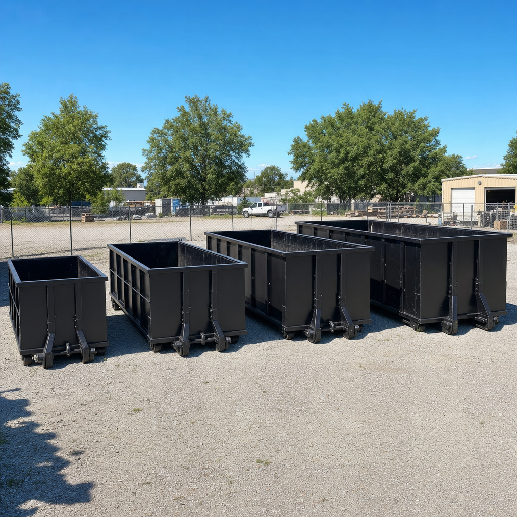 A clean lineup of matte-black roll-off dumpsters in 10, 20, 30, and 40-yard sizes staged on a sunlit gravel yard in Portland, showing the size progression from compact to commercial-scale containers.