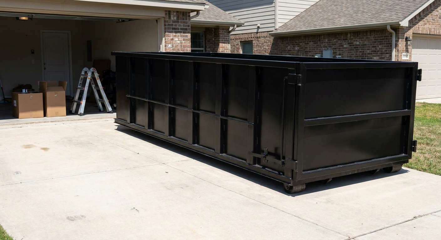 A matte-black 10-yard roll-off dumpster sitting directly on a residential Portland concrete driveway, mid-day sunlight, clean and ready for a garage cleanout.