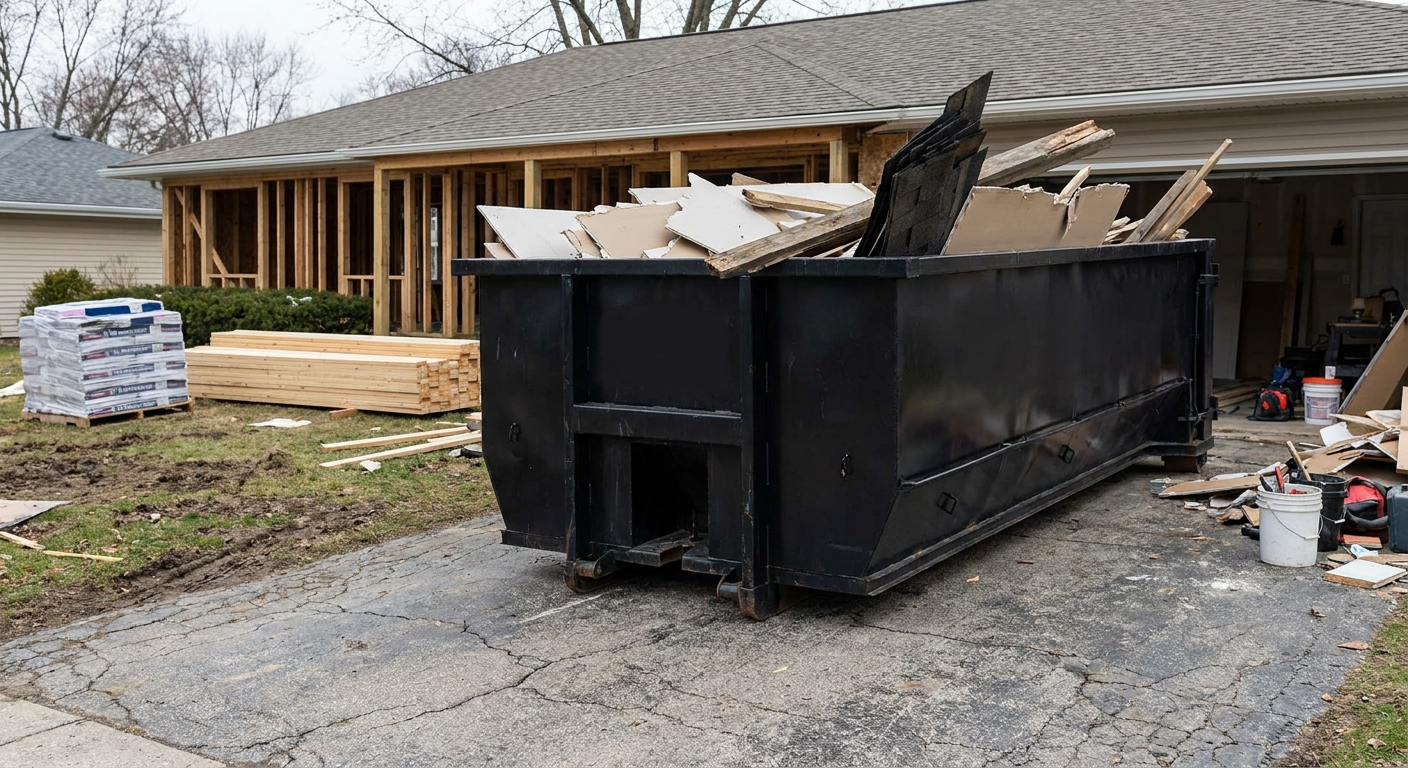 A matte-black 20-yard roll-off dumpster placed alongside a mid-renovation Portland home directly on the asphalt driveway, with framing materials and torn-off shingles staged neatly nearby.