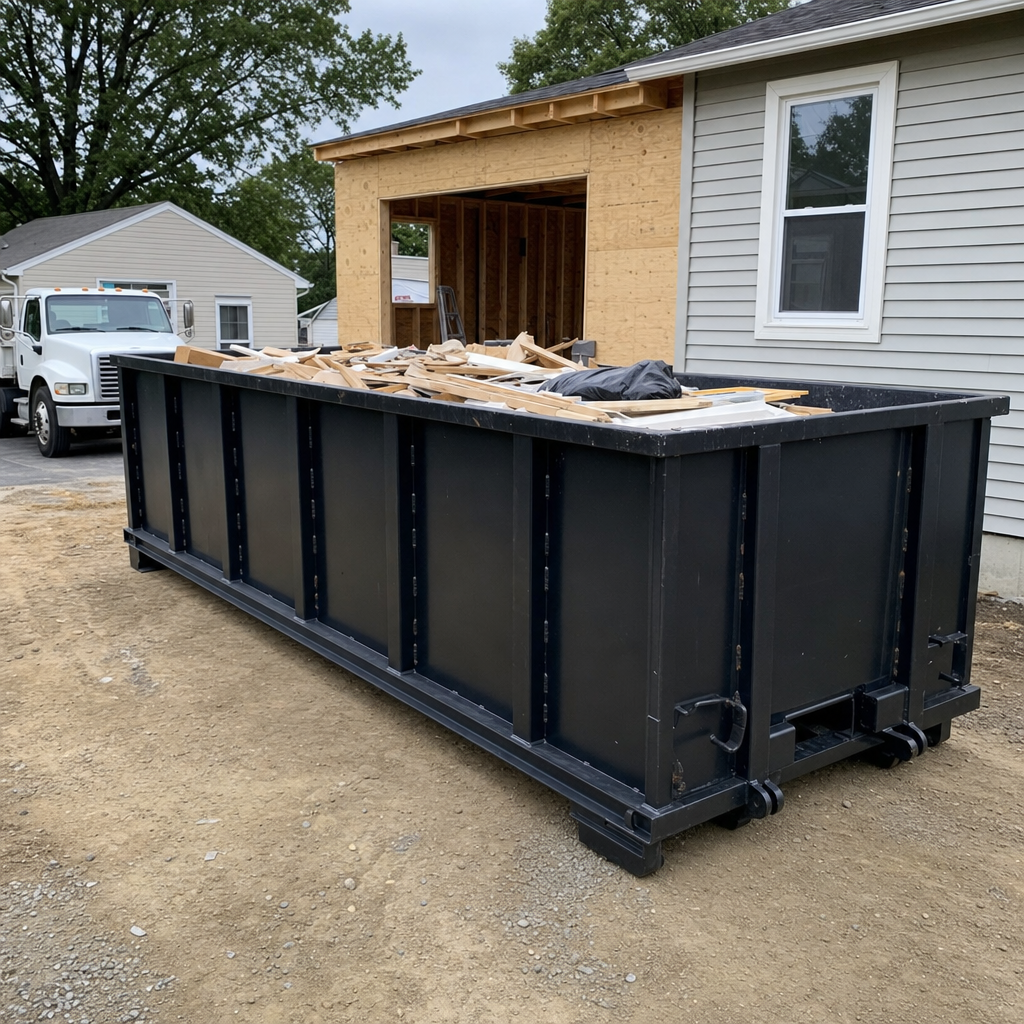 A matte-black 30-yard roll-off dumpster positioned at a Portland residential addition jobsite, with framing lumber and drywall scraps loaded through the open swinging rear doors.