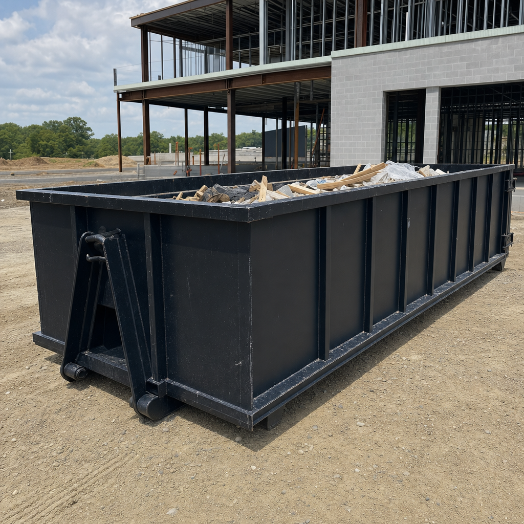 A matte-black 40-yard roll-off dumpster staged on a large Portland commercial construction lot, with a hooklift delivery truck parked alongside under bright midday sky.