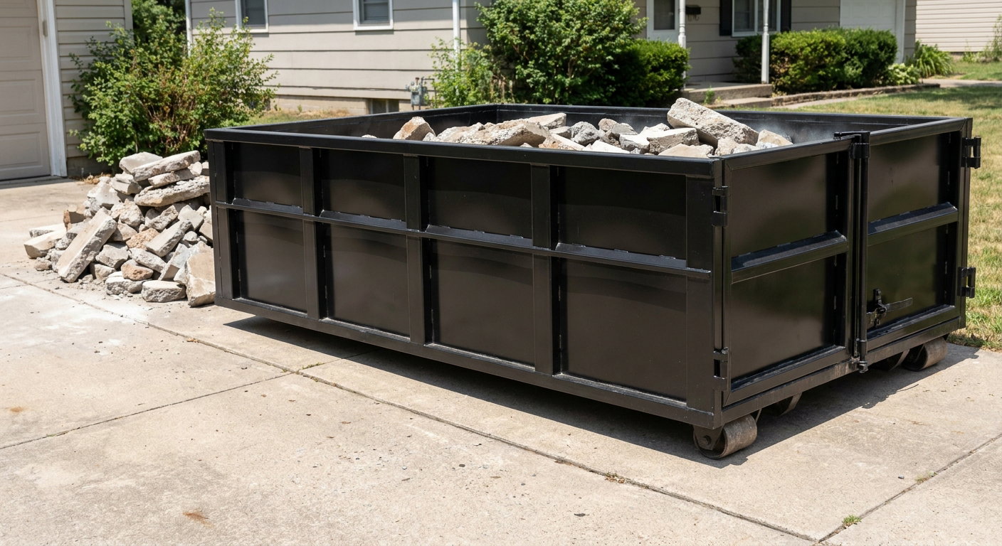 A matte-black low-side heavy-debris roll-off dumpster placed directly on a Portland concrete driveway, with broken concrete chunks neatly stacked beside it under clean daylight.